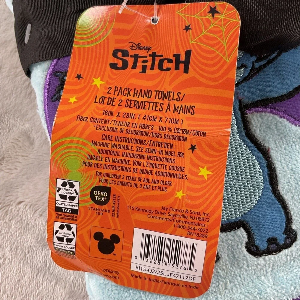 Disney Stitch Halloween 2 Pack Hand Towels Vampire Bat Blue Purple Cotton NWT